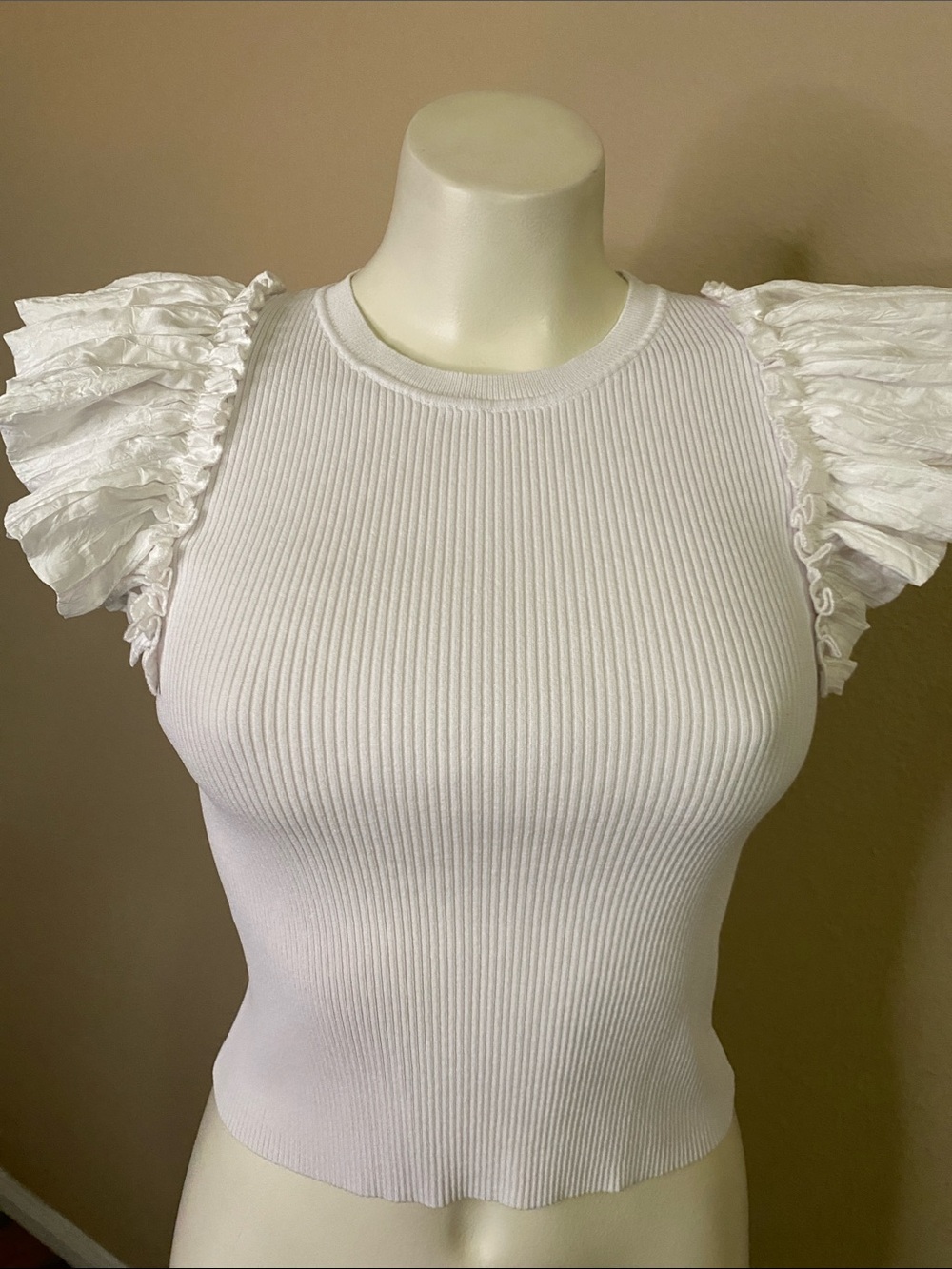 INDUSTRY white flutter sleeve minimalist Ribbed knit tank Top S